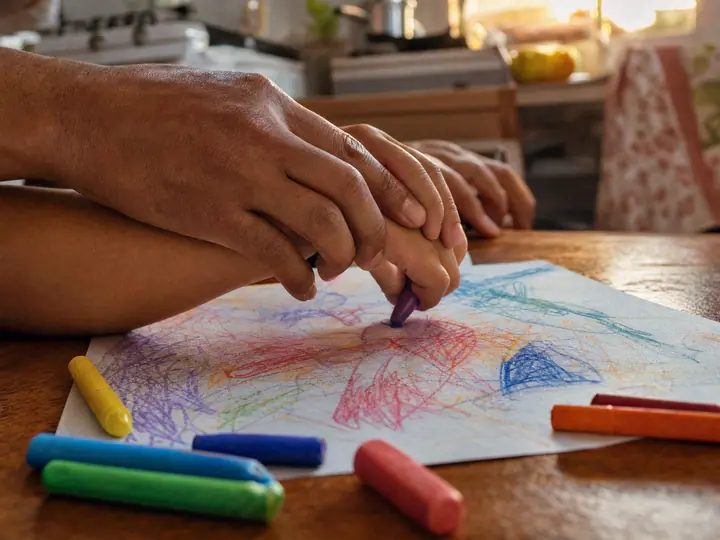 A mão de um adulto e a de uma criança desenhando juntas na mesa da cozinha