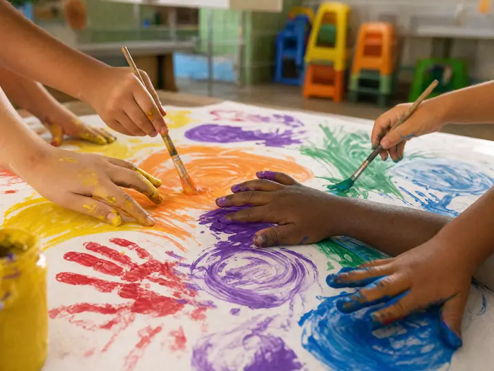 Mãos de crianças de tons de pele diferentes pintando juntas