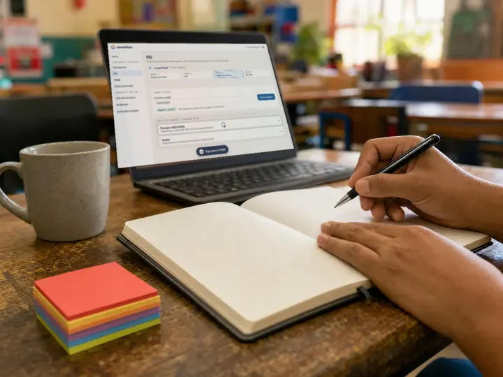 As mãos de uma professora escrevendo no planejamento ao lado do notebook