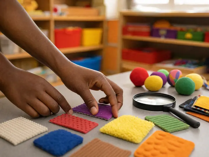 Mãos de uma professora organizando cartões com texturas e materiais sensoriais